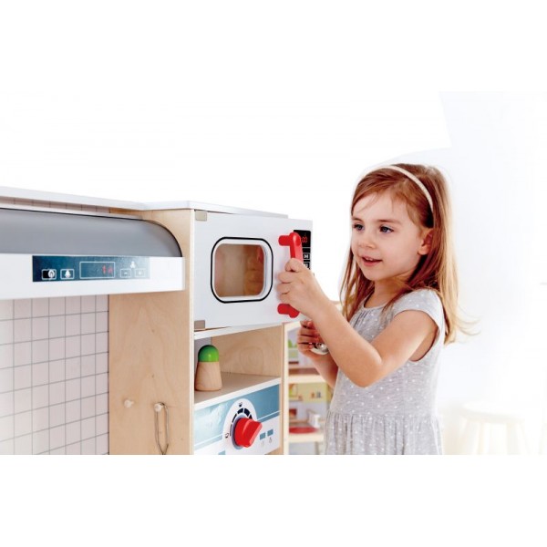 Hape All-in-1 Kitchen - Μεγάλη Επαγγελματική Κουζίνα Με Φώτα Και Ήχους - Περιλαμβάνει Κατσαρόλες Και Αξεσουάρ - 14 Τεμ. (E3145B)