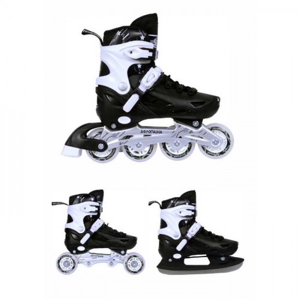 3K Rollers αυξομειούμενα πατίνια /Roller Skates/Παγοπέδιλα 3 μεγεθών 3 σε 1  - Μαύρο  002.10306/RIS/M